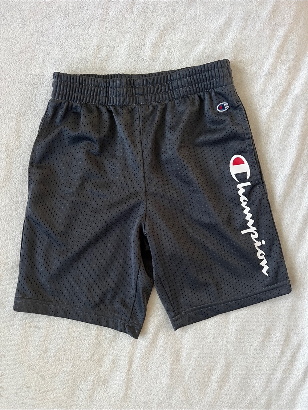 Boys Champion Grey Mesh Shorts with White Script and Red Logo Accent